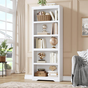 Garvee 5 Tier Bookshelf, 69" Tall Farmhouse Bookcase with Adjustable Shelves, 23.6" W Floor Standing Open Display Storage Rack with Anti-Slip Design for Home Office, Balcony, Library, Study / Living Room, White