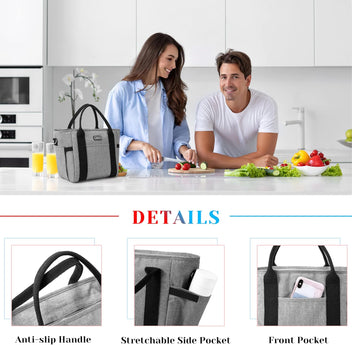 Garvee Lunch Bag for Women Men, Tote Adult Lunch Box with Adjustable Shoulder Strap & Side Pockets, Portable Lunch Tote Bag for Work Picnic School or Travel Gray-Normal Size