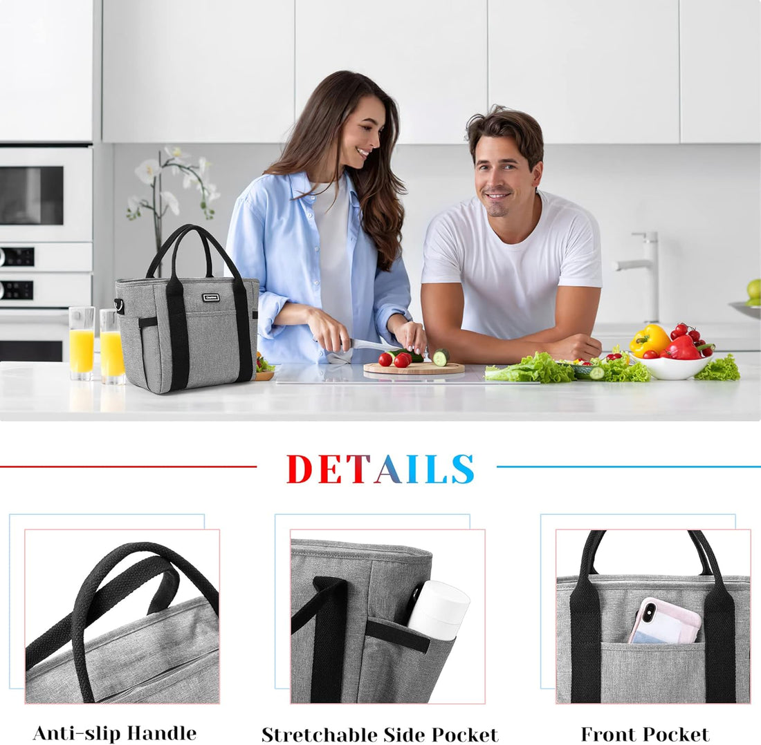 Garvee Lunch Bag for Women Men, Tote Adult Lunch Box with Adjustable Shoulder Strap & Side Pockets, Portable Lunch Tote Bag for Work Picnic School or Travel Gray-Normal Size