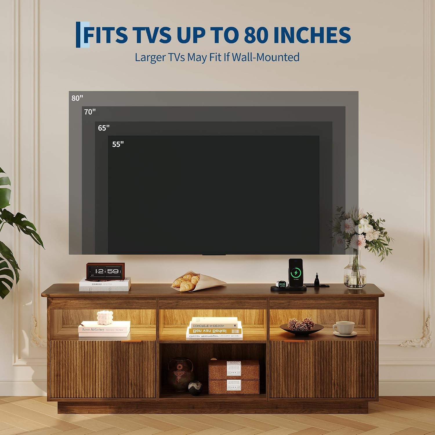 Garvee 70 Inch Fluted TV Stand for TVs Up to 80", Mid Century Modern Entertainment Center with Power Outlet & LED Light, Wood Media Console with Storage Cabinets, Walnut