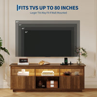 Garvee 70 Inch Fluted TV Stand for TVs Up to 80", Mid Century Modern Entertainment Center with Power Outlet & LED Light, Wood Media Console with Storage Cabinets, Walnut
