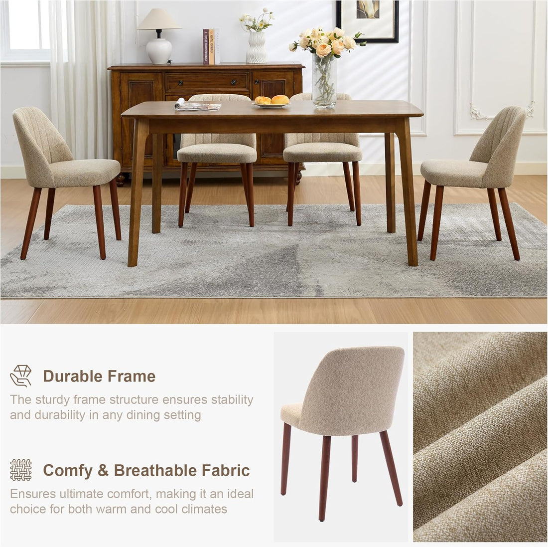 Garvee Set of 8 Mid-Century Modern Fabric Upholstered Dining Chairs with Padded and Solid Wood Legs, Camel