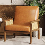 Garvee Mid Century Modern Accent Chair, PU Leather Living Room Chair with Sturdy Wood Legs, Thickened Seat Cushion and PE Rattan Woven Decoration, Armchair for Bedroom, Reading Room, Orange - Brown|PU
