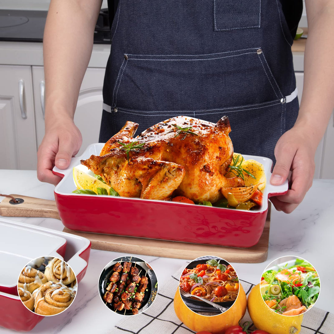 Garvee Ceramic Baking Dish Set of 3, Rectangular Casserole Dish for Oven with Handles, Deep Lasagna Baking Pans for Cooking, Kitchen, Cake Dinner, Banquet, Daily Use, Red