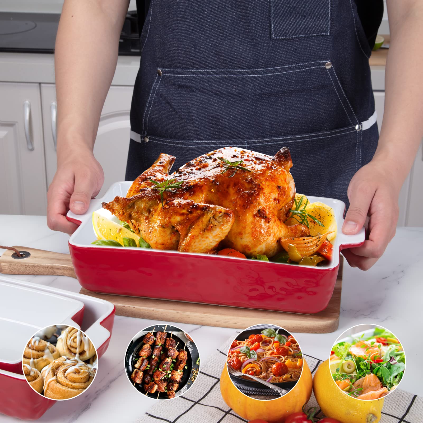 Garvee Ceramic Baking Dish Set of 3, Rectangular Casserole Dish for Oven with Handles, Deep Lasagna Baking Pans for Cooking, Kitchen, Cake Dinner, Banquet, Daily Use, Red