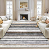 Garvee Washable Living Room Rug 8x10 Large Modern Strip Accent Carpet with Non-Slip Backing, Soft Low Pile Area Rug, Stain-Resistant Contemporary Floor Mat for Dining Room, Grey Brown - Gray/Brown