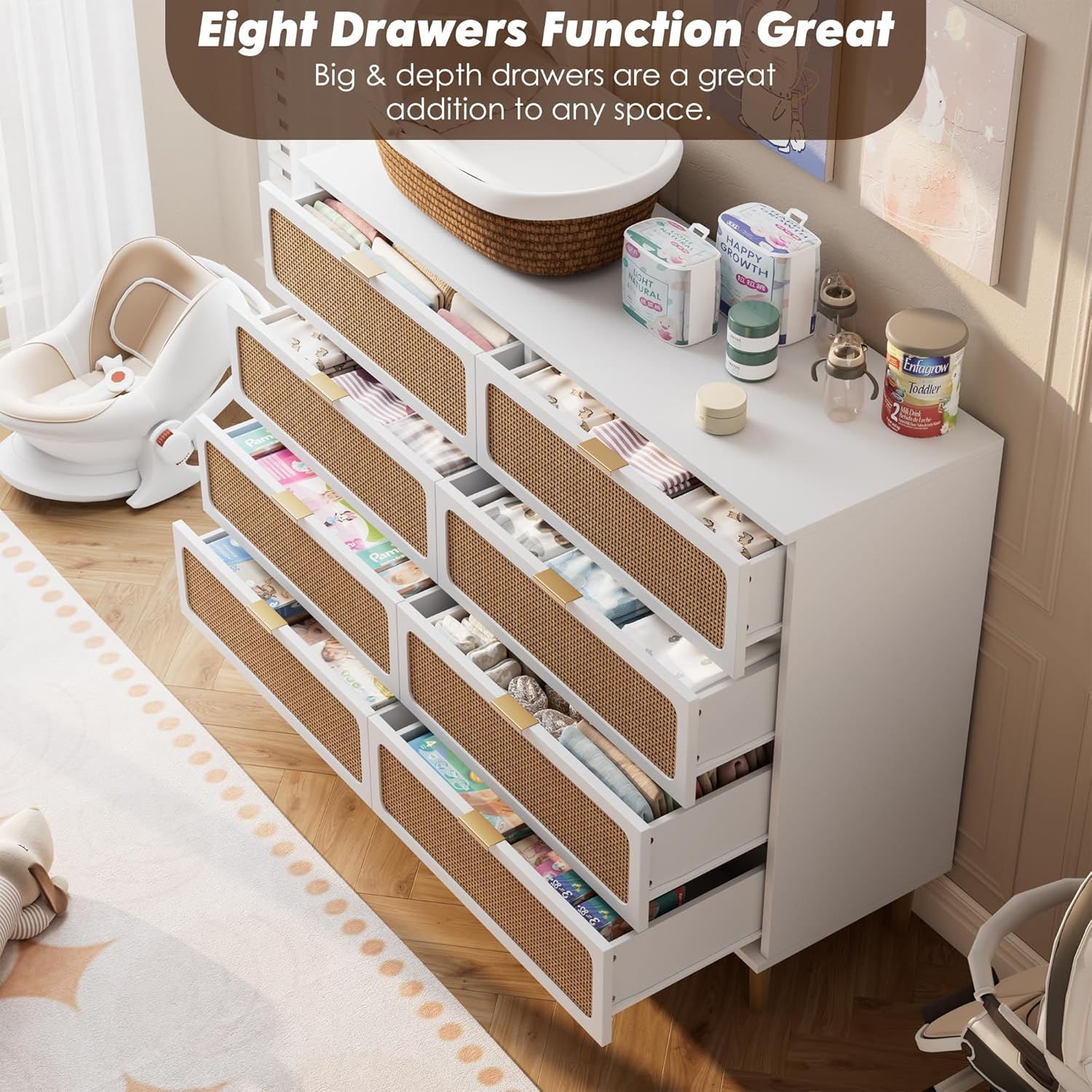 Garvee Rattan 8 Drawer Dressers for Bedroom, Tall Dresser with Deep Drawers, Large Chest of Drawers for Closet with Wide Top, Long Wooden Dresser for Living Room, Hallway, Kids Room, White
