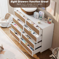 Garvee Rattan 8 Drawer Dressers for Bedroom, Tall Dresser with Deep Drawers, Large Chest of Drawers for Closet with Wide Top, Long Wooden Dresser for Living Room, Hallway, Kids Room, White