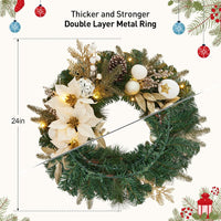 Garvee Pre-Lit Christmas Wreath for Front Door, 24 Inch Large Lighted Wreath with Xmas Balls, Artificial Flower & Bow, Battery Operated Christmas Wreath for Fireplace Window Wall Decor, Champagne