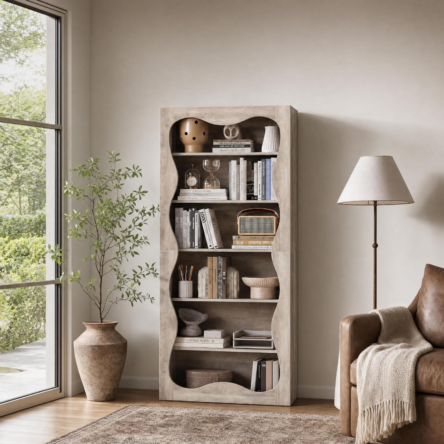 Garvee Tall 6-Tier Wood Bookshelf, Freestanding Bookcase with Wavy Scalloped Edge, Large Storage Display Shelf for Living Room Bedroom Office Library, Gray