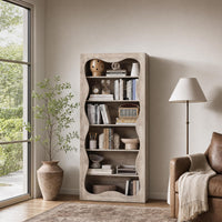 Garvee Tall 6-Tier Wood Bookshelf, Freestanding Bookcase with Wavy Scalloped Edge, Large Storage Display Shelf for Living Room Bedroom Office Library, Gray