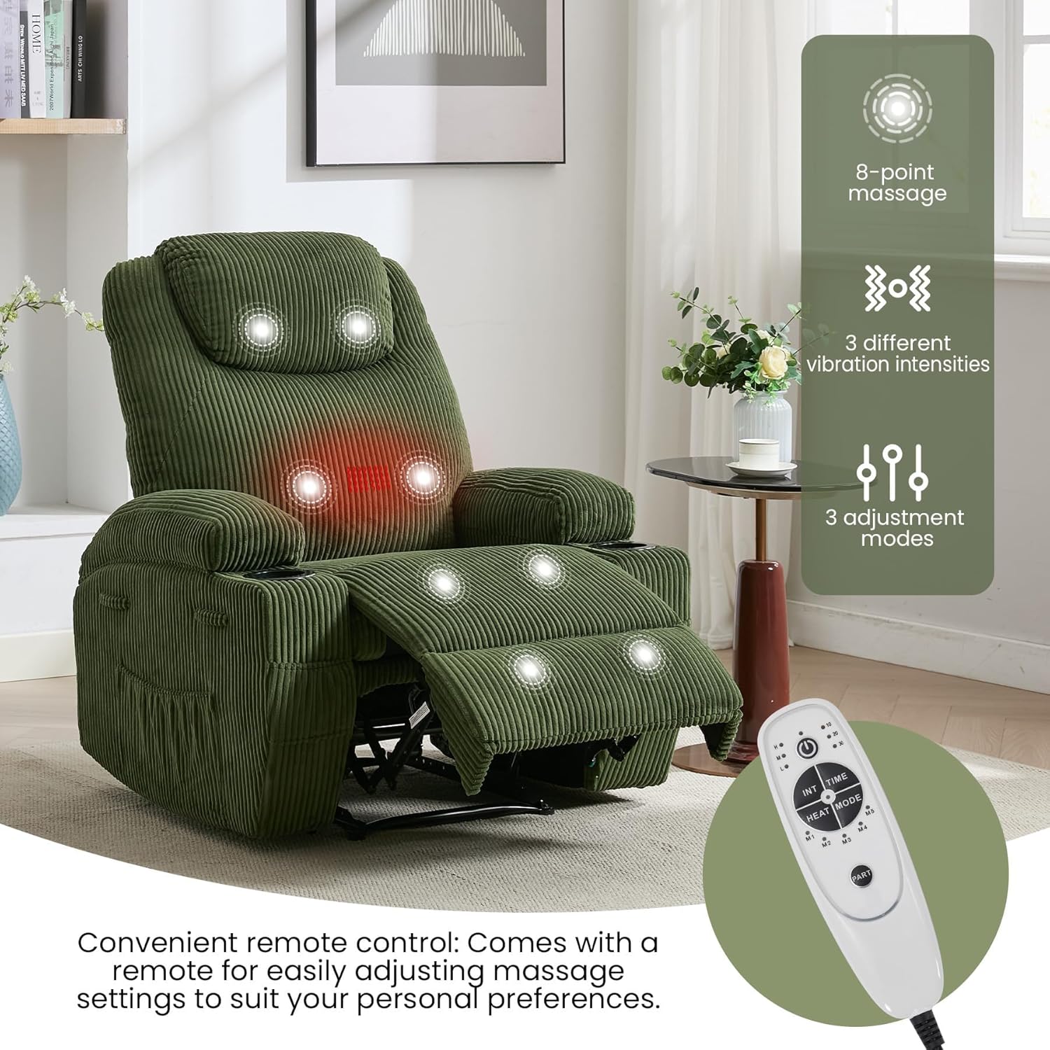 Garvee Electric Recliner Chair with Massage and Heat, Ultra-Comfortable 135° Adjustable Reclining Sofa for Living Room & Bedroom, with Cup Holders & Pockets, Corduroy Green