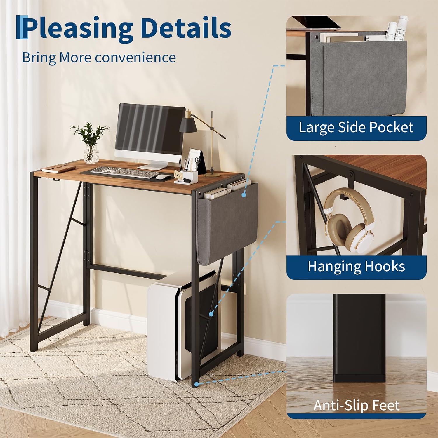 Garvee Folding Computer Desk for Small Spaces, 31.5 in Home Office Writing Desk - Side Storage Pocket - Headphone Hook - Easy-Fold Workstation - Color: Vintage Color