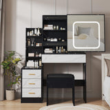 Garvee Bedroom Dresser with Electrical Outlet 4 Drawer Storage Cabinet Dresser with Sliding Mirror and Lighting Dresser Set with Stool, Open Shelf 3 Colors Lighting Patterns - Marble Black + White Drawer