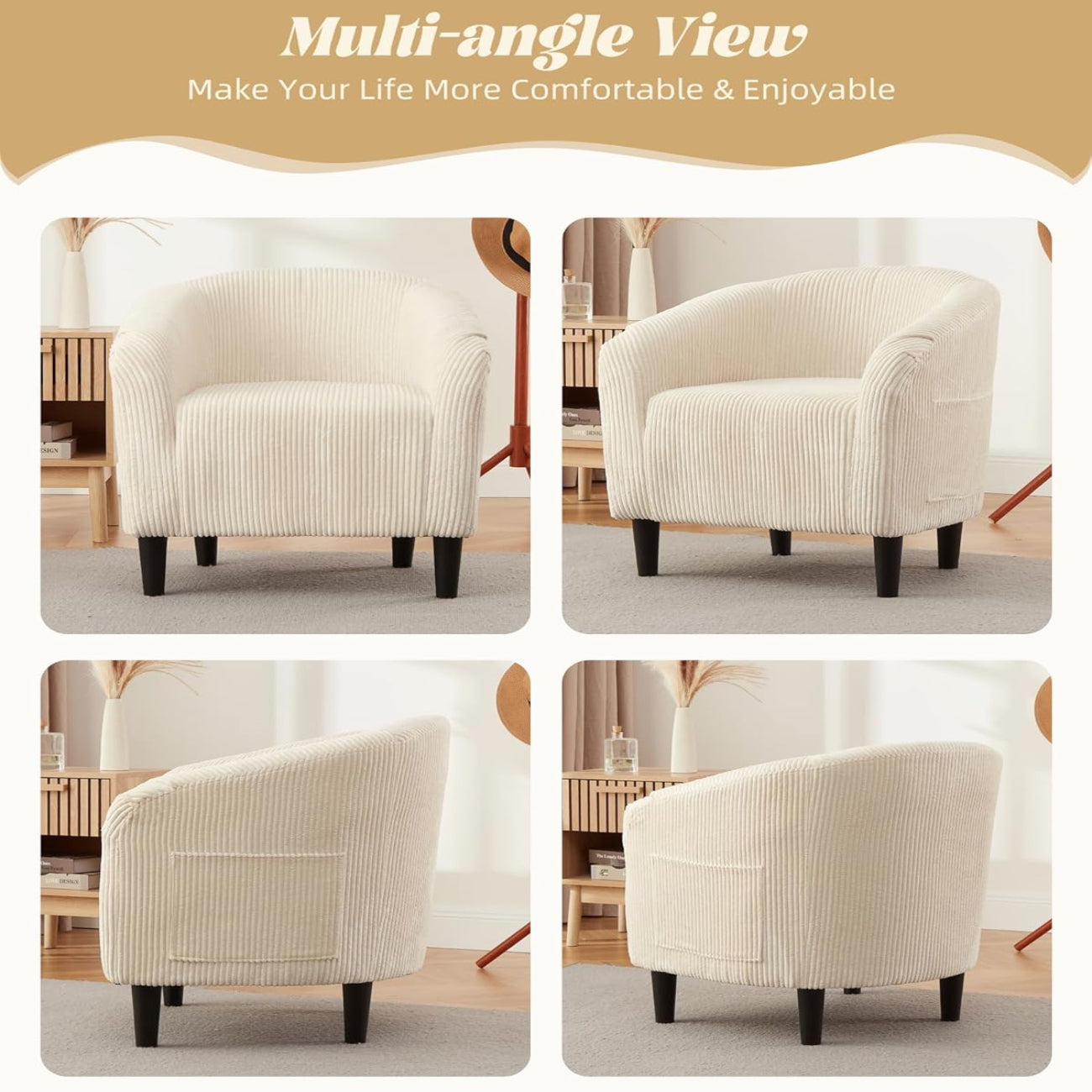 Garvee Accent Chair Corduroy Club Chair, Comfy Curved Armrest Upholstered Barrel Chair with Soft Padded Seat, U-Shaped Backrest for Living Room Bedroom Study Waiting Room, Beige