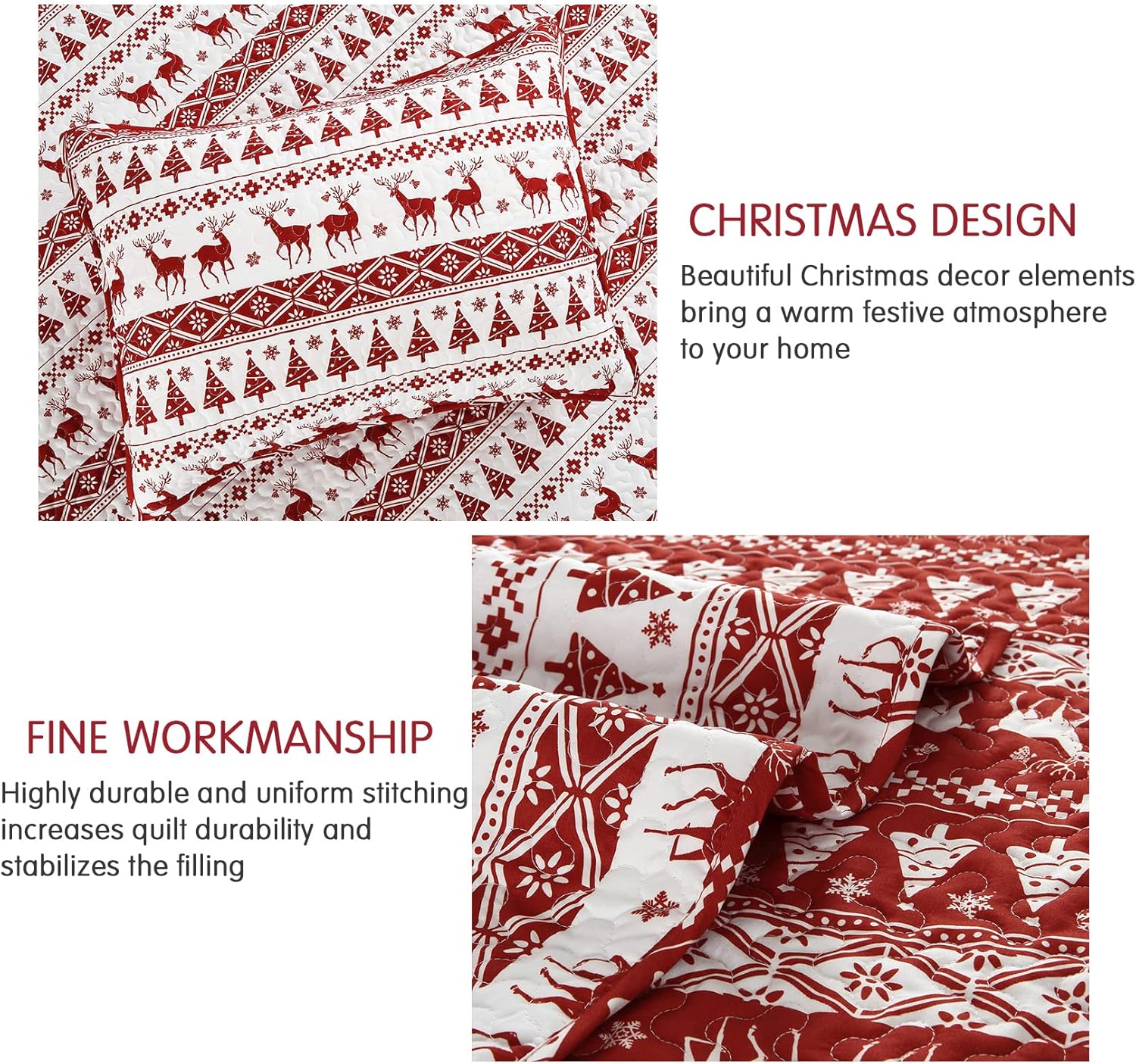 Garvee Christmas Quilt Set King Size - Boho Reversible Bedspread Coverlet Set with Christmas Tree Reindeer Snowflakes Printed Pattern, Soft Lightweight Bohemian Quilt Bedding Cover Set King