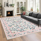 Garvee Floral 10x13 Pink Large Washable Area Rug for Living Room, Non-Slip Non-Shedding Soft Vintage Rug, Low Pile Farmhouse Floral Carpet, Non-Shedding Foldable Printed Rug for Bedroom - Pink