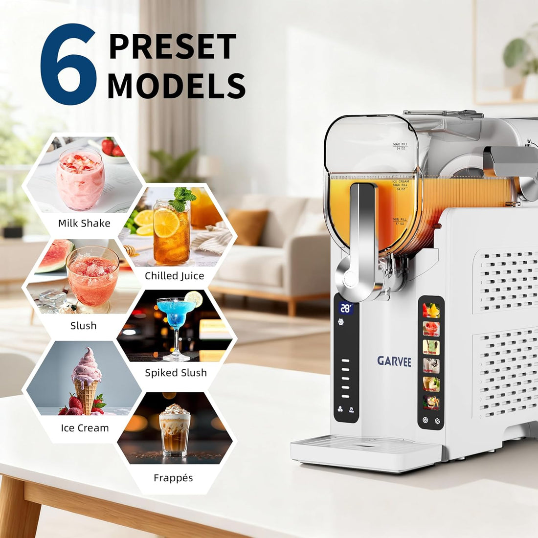 Garvee Slushie Machine for Home - 70 oz Ice-Free Frozen Drink Maker, Self-Cleaning Function with 6 Preset Programs for Margaritas, Frappés, Milkshakes, White