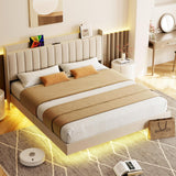 Garvee Queen Size Floating Bed Frame with LED Light,Modern Metal Platform Bed Frame with Charging Station,Upholstered Bed Frame with Headboard,No Box Spring Needed,Beige - Beige