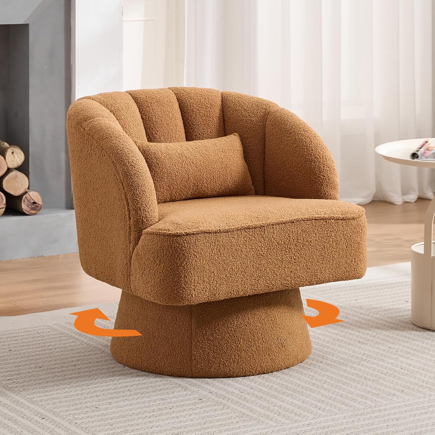 Garvee Swivel Barrel Chair - Teddy Velvet Upholstered Modern Armchair with Striped Backrest & Plush Padding, Round Lounge Chair for Living Room, Bedroom, Small Spaces, Brown