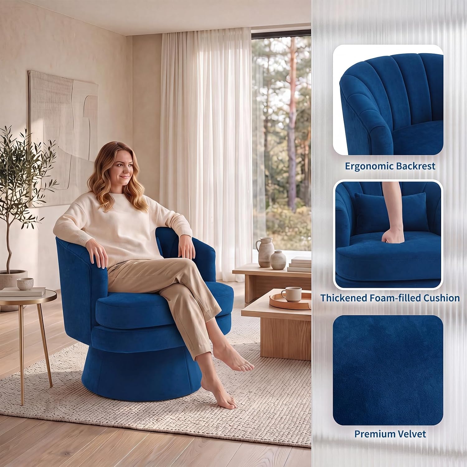 Garvee 360° Swivel Barrel Accent Chair with Lumbar Pillow, Soft Upholstered Single Armchair, Round Base for Living Room/Bedroom/Vanity - With lumbar pillow | velvet | blue