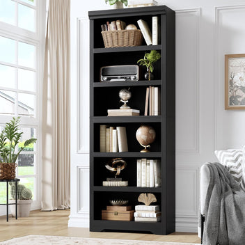 Garvee 6 Tier Bookshelf, 75" Tall Farmhouse Bookcase with Adjustable Shelves, 23.6" W Floor Standing Open Display Storage Rack with Anti-Slip Design for Home Office, Balcony, Library, Study / Living Room, Black