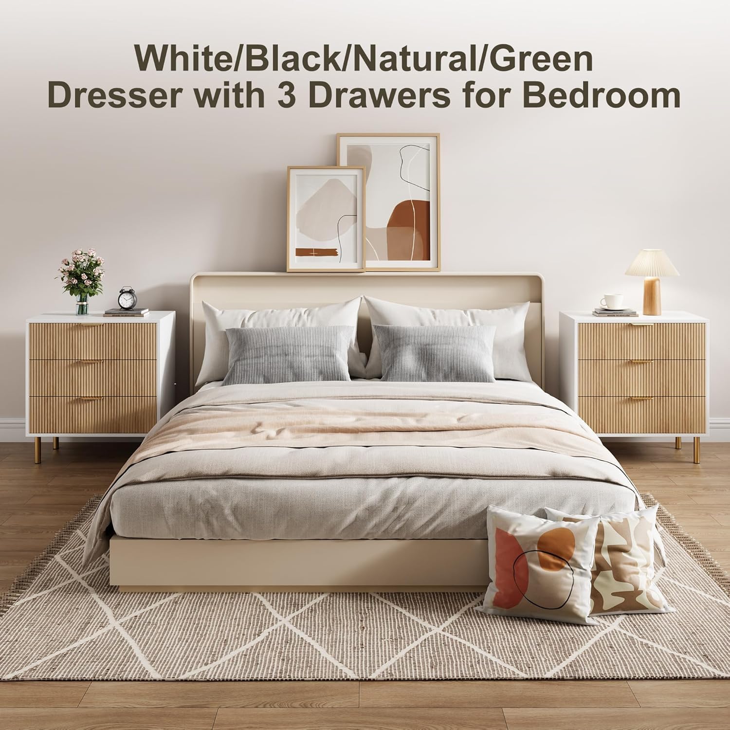 Garvee Modern 3 Drawer Dresser for Bedroom with Gold Handle and Large Drawer, Wood Double Chest of Drawers and Storage Organizer for Living Room, Hallway, Entryway, Natural Oak&White