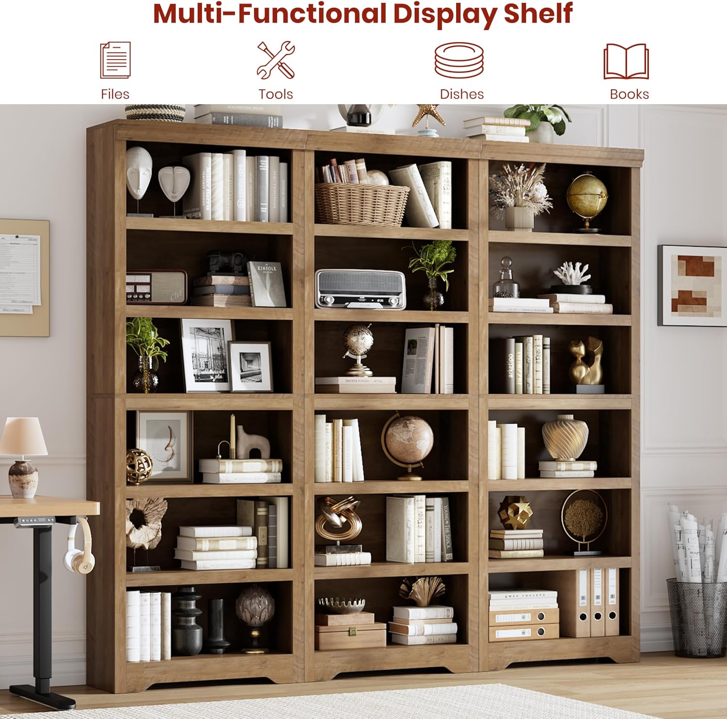 Garvee 6 Tier Bookshelf, 75" Tall Farmhouse Bookcase with Adjustable Shelves, 23.6" W Floor Standing Open Display Storage Rack with Anti-Slip Design for Home Office, Balcony, Library, Study / Living Room, Brown