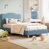 Garvee Upholstered Twin Size Bed Frame for Kids with Scallop Headboard, Cute Velvet Twin Bed for Girls, Boys, Sturdy Platform Bed, No Box Spring Needed, Wooden Slats, Noise Free, Blue