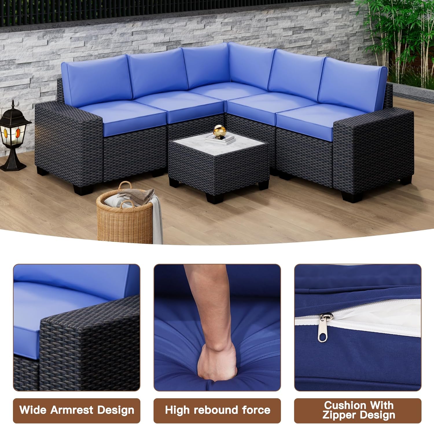 Garvee 6-Piece Outdoor Patio Sofa Set – All-Weather PE Rattan Wicker – Modular Conversation Furniture with Thick Cushions & Coffee Table – Garden, Poolside, Balcony, Coffee & Blue