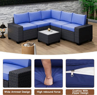 Garvee 6-Piece Outdoor Patio Sofa Set – All-Weather PE Rattan Wicker – Modular Conversation Furniture with Thick Cushions & Coffee Table – Garden, Poolside, Balcony, Coffee & Blue