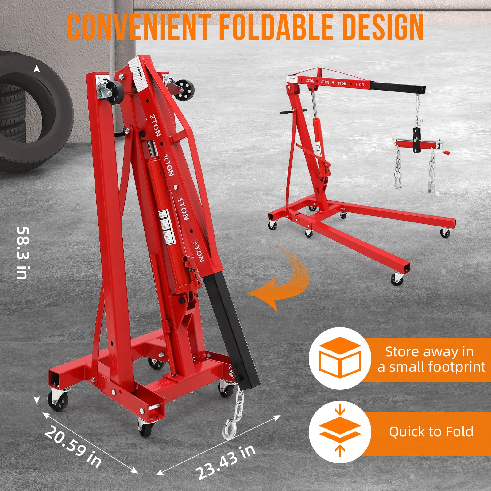 Garvee 2 Ton Folding Hydraulic Engine Hoist with Lever, Folding Engine