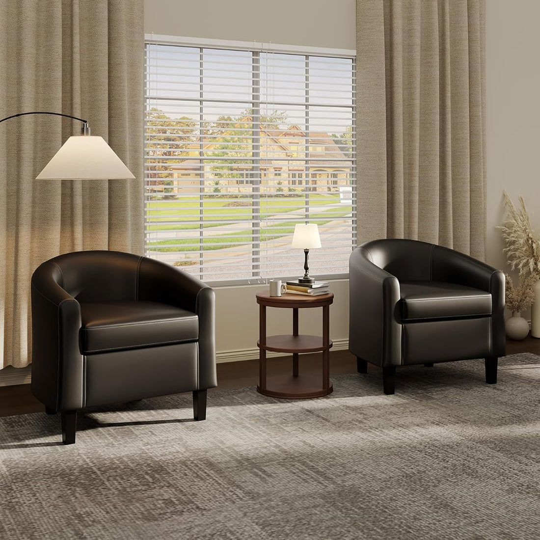 Garvee Accent Barrel Chairs Living Room Chairs, Faux Leather Upholstered Club Armchairs with Soft Padded Seat for Bedroom Reading Waiting Room, Black