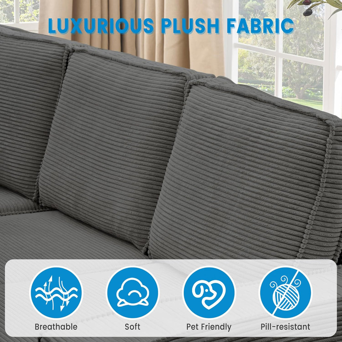 Garvee 95" Modern Kids L-Shaped Modular Sectional Sofa Deep Seated Comfy Cloud Couch with Chaise, Gray