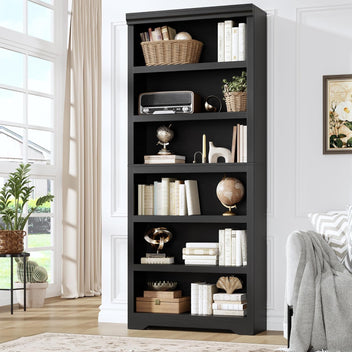 Garvee 6 Tier Bookshelf, 75" Tall Farmhouse Bookcase with Adjustable Shelves, 31.5" W Floor Standing Open Display Storage Rack with Anti-Slip Design for Home Office, Balcony, Library, Study / Living Room, Black