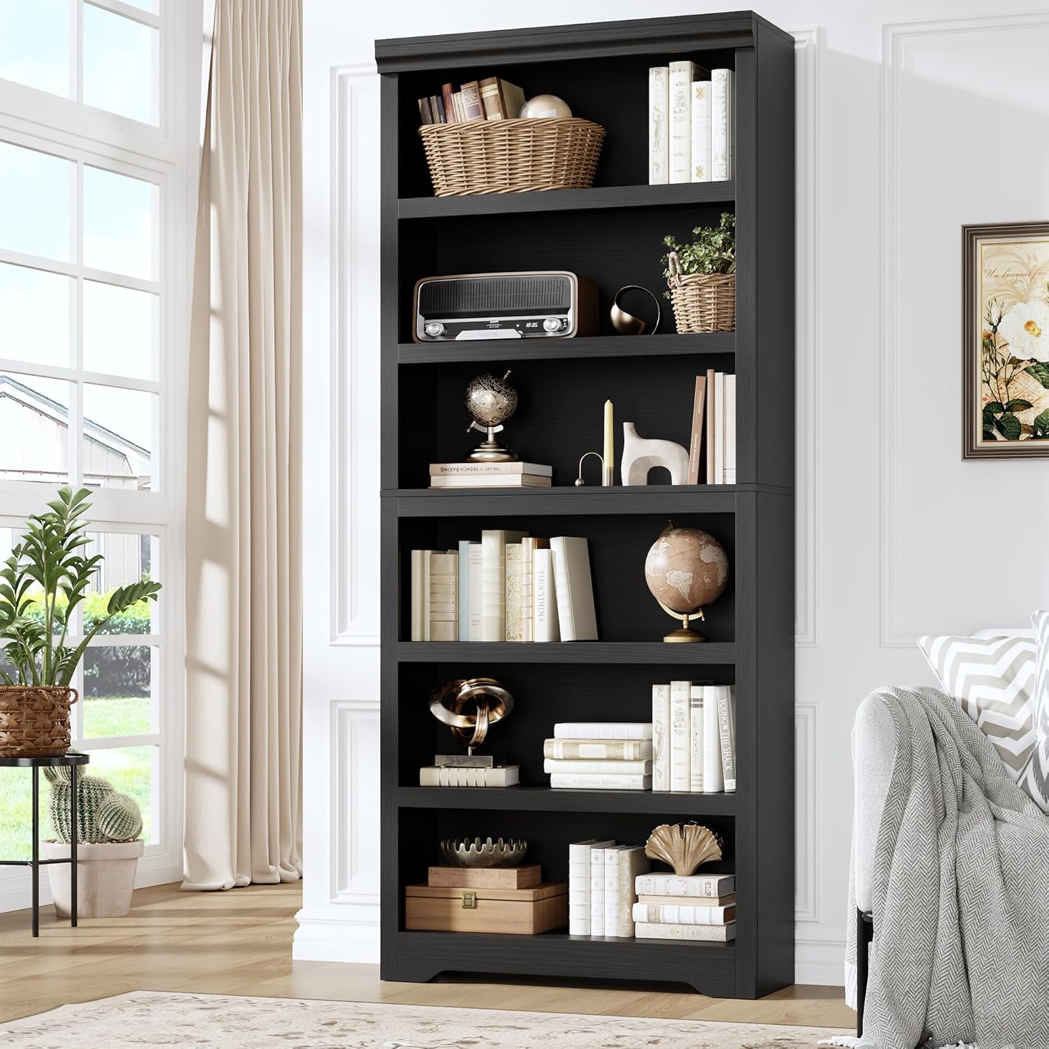 Garvee 6 Tier Bookshelf, 75" Tall Farmhouse Bookcase with Adjustable Shelves, 31.5" W Floor Standing Open Display Storage Rack with Anti-Slip Design for Home Office, Balcony, Library, Study / Living Room, Black