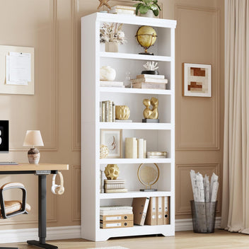 Garvee 6 Tier Bookshelf, 75" Tall Farmhouse Bookcase with Adjustable Shelves, 31.5" W Floor Standing Open Display Storage Rack with Anti-Slip Design for Home Office, Balcony, Library, Study / Living Room, White