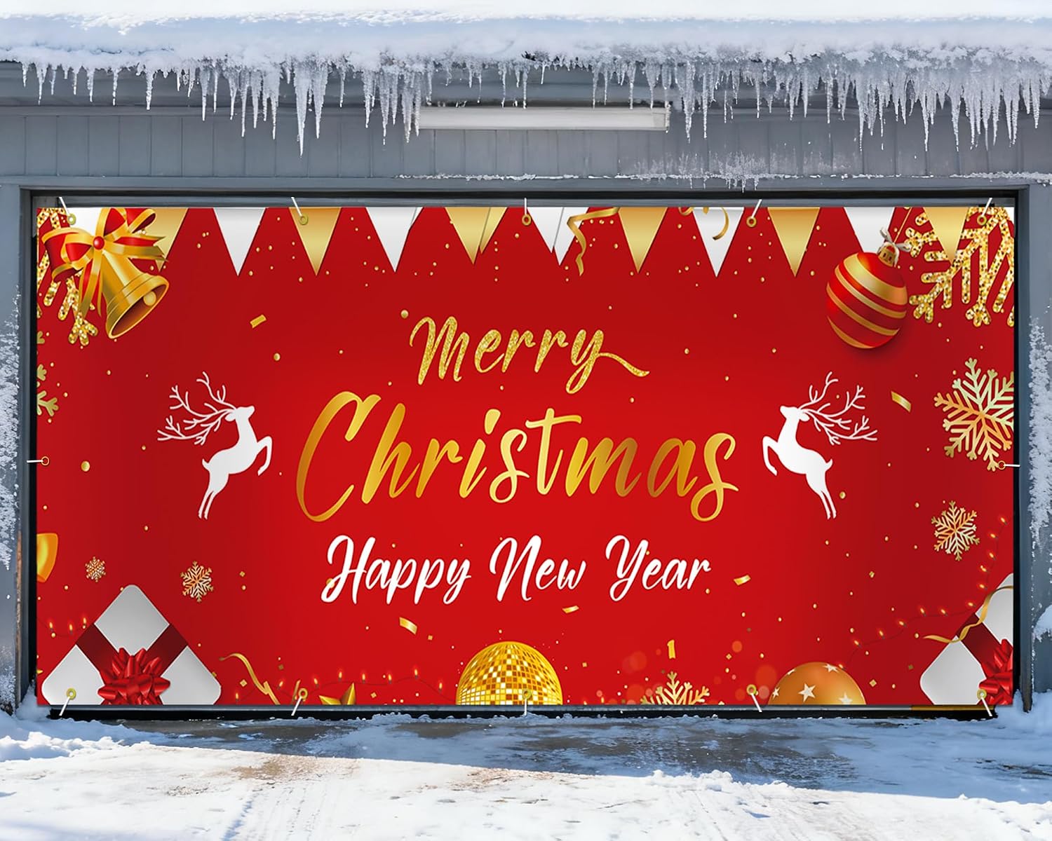 Christmas Garage Buddy Door Cover 7x16 ft, New Year & Xmas Holiday Garage Door Banner with 4x19.7 ft Ropes, Christmas Decoration Backdrop for Wall Party Celebration, Red