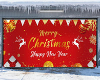 Christmas Garage Buddy Door Cover 7x16 ft, New Year & Xmas Holiday Garage Door Banner with 4x19.7 ft Ropes, Christmas Decoration Backdrop for Wall Party Celebration, Red