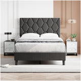 Garvee Twin Size Platform Bed Frame + Upholstered Headboard + Diamond Pattern + Soft Fabric + Adjustable + Wood Slat Support + Grey + Bedroom - Light Grey