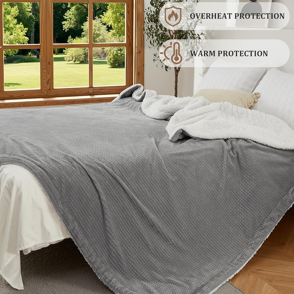 Garvee Electric Heated Blanket King Size with Dual Controllers, Fast Heating Throw with 4 Adjustable Heat Levels, Soft Waffle Embossed, Machine Washable, 90"x100" Grey