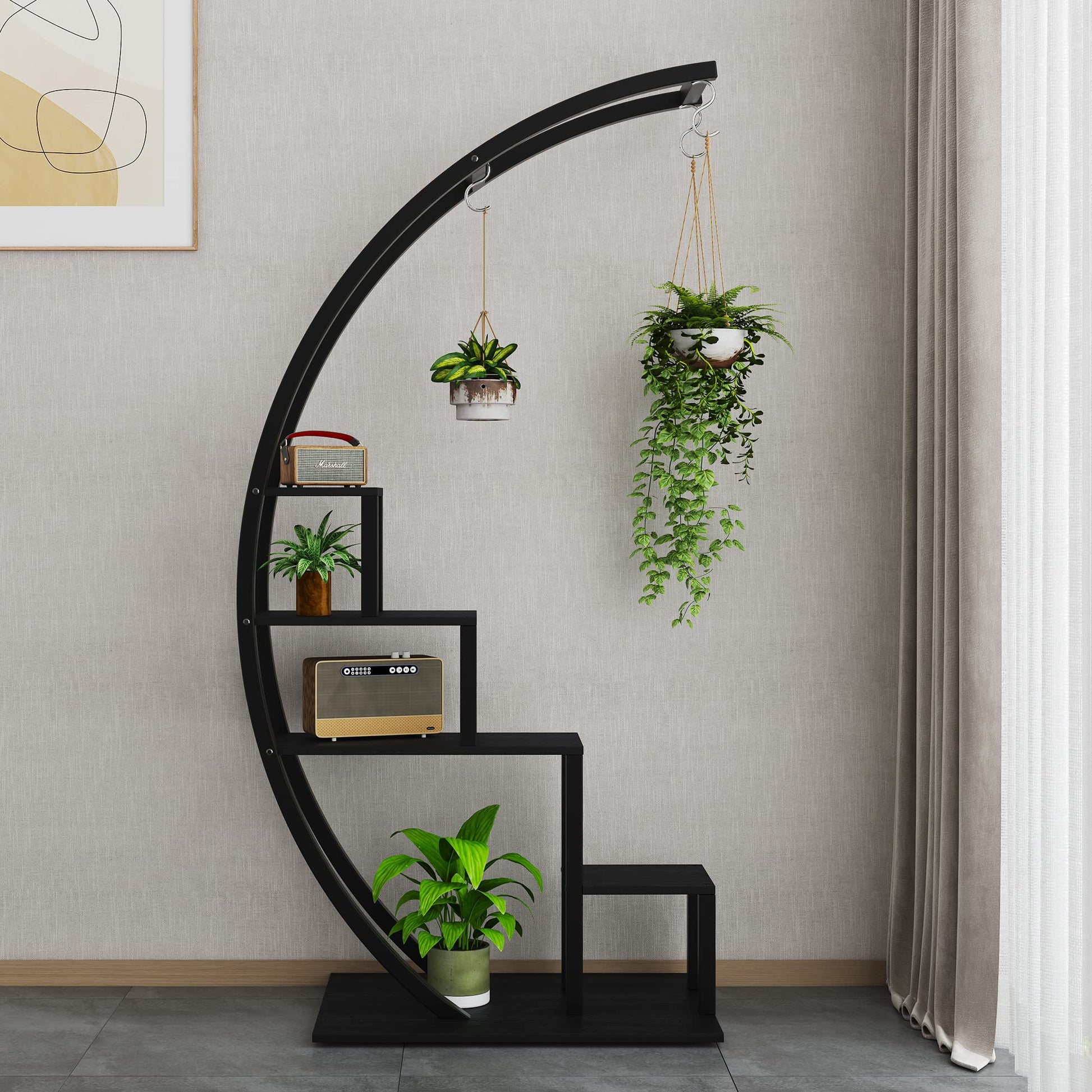 5-Tier Curved Metal Plant Stand with 6 Hooks for Balcony, Black