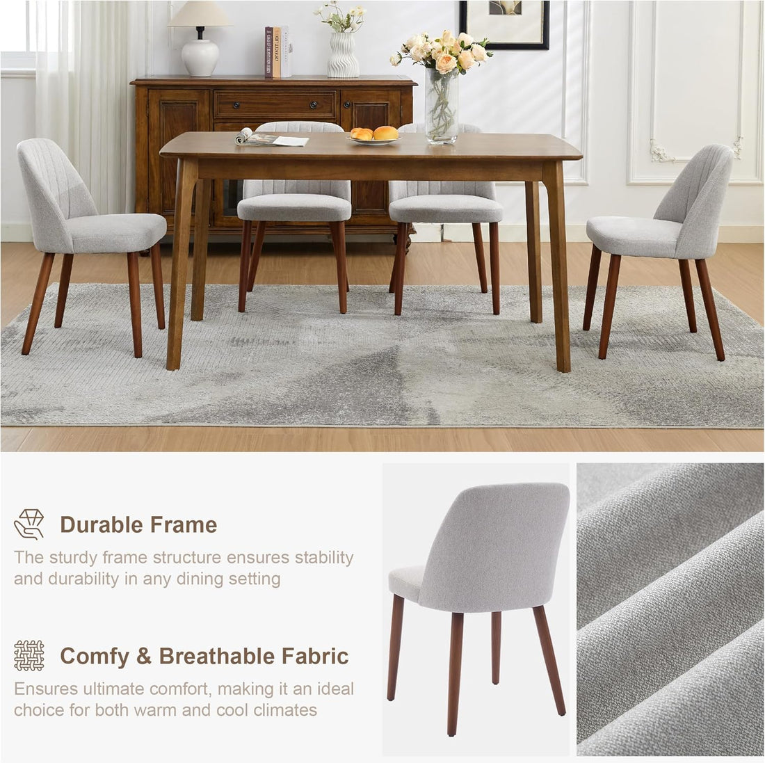 Garvee Set of 4 Mid-Century Modern Fabric Upholstered Dining Chairs with Padded and Solid Wood Legs, Grey