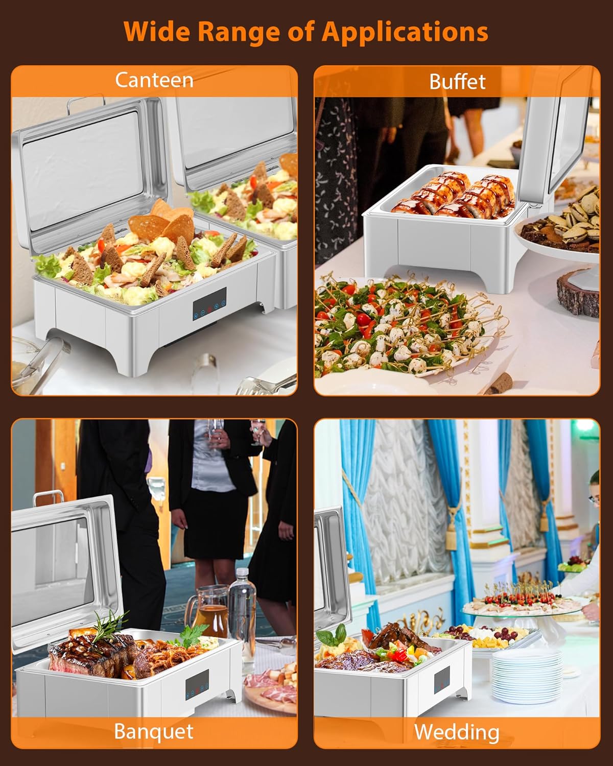 Garvee Electric Chafing Dish 9QT Full Size Touch Screen Buffet Warmer with Glass Lid Silver for Catering Parties Weddings