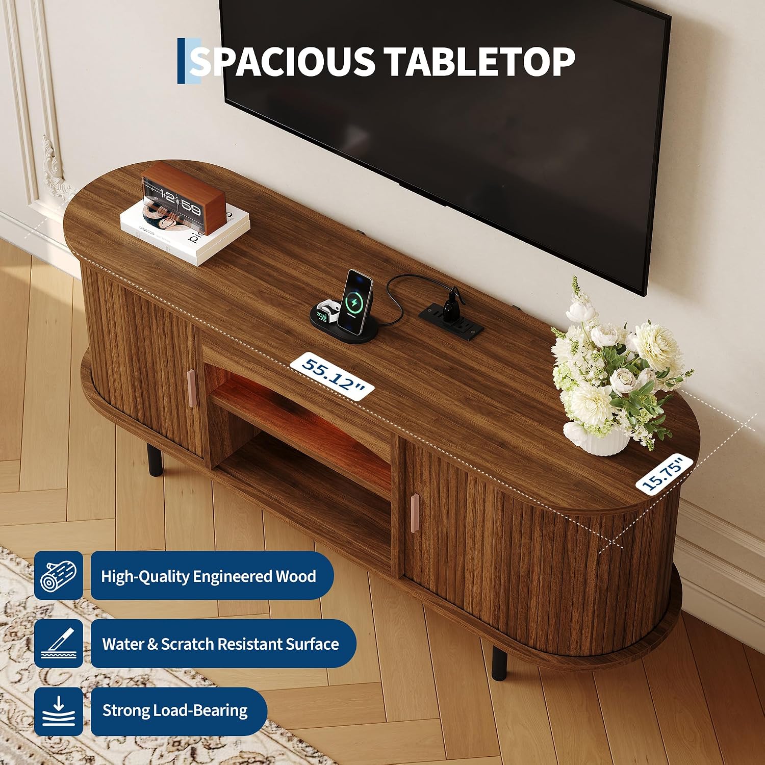 Garvee 55" Fluted TV Stand for TVs Up to 65", Mid Century Media Console with LED Lights and Power Outlet, Entertainment Center with Storage, Sliding Door & Adjustable Shelf for Living Room, Walnut