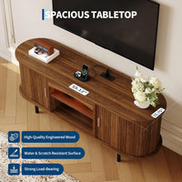 Garvee 55" Fluted TV Stand for TVs Up to 65", Mid Century Media Console with LED Lights and Power Outlet, Entertainment Center with Storage, Sliding Door & Adjustable Shelf for Living Room, Walnut
