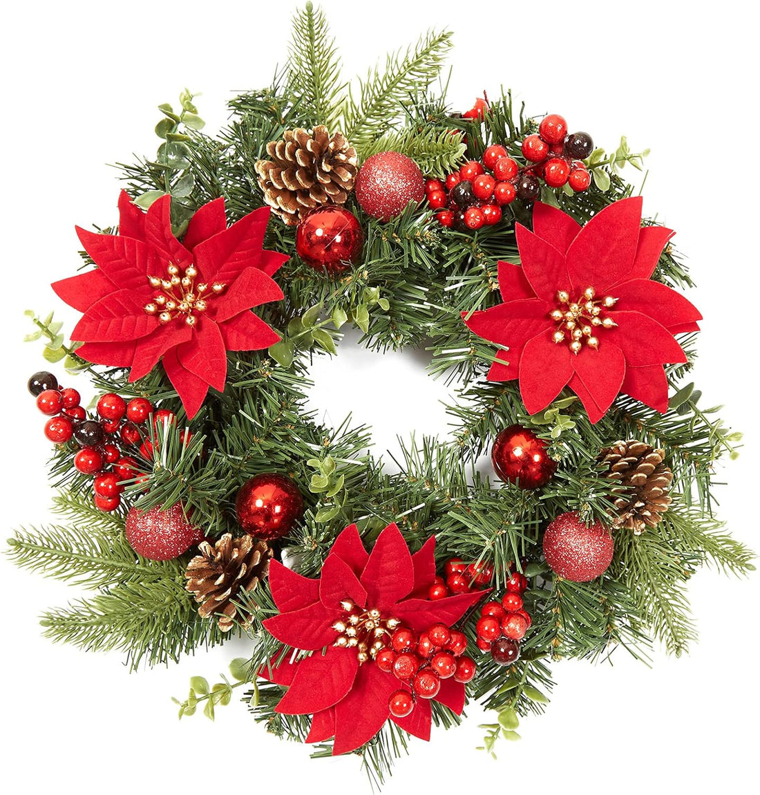 Garvee 16 Inch Christmas Wreath, Outdoor Christmas Wreath with Red Artificial Poinsettia Flowers Ball Ornaments Pine Cones Berries for Door Wall Window Fireplace Home Holiday Decorations