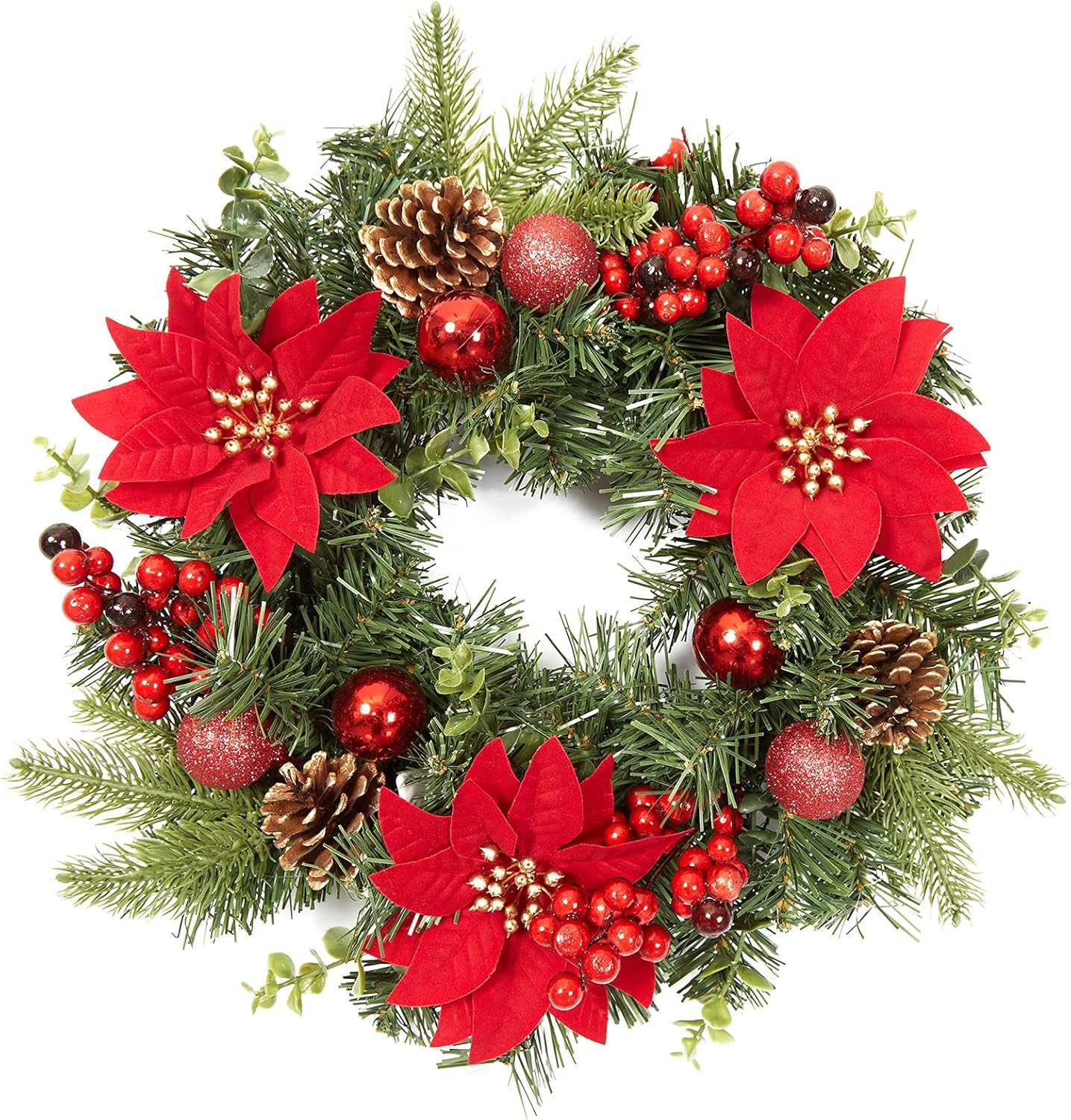 Garvee 16 Inch Christmas Wreath, Outdoor Christmas Wreath with Red Artificial Poinsettia Flowers Ball Ornaments Pine Cones Berries for Door Wall Window Fireplace Home Holiday Decorations