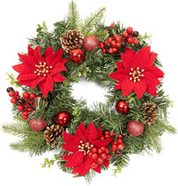 Garvee 16 Inch Christmas Wreath, Outdoor Christmas Wreath with Red Artificial Poinsettia Flowers Ball Ornaments Pine Cones Berries for Door Wall Window Fireplace Home Holiday Decorations