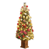 Garvee 4ft Pre-Lit Artificial Christmas Tree with Snow Flocked Pine, Pine Cones, Red Berries, 100 Warm-White LED Lights, Rustic Potted Stand, Home & Office Decor - Wooden Pot Needle Pine-1 Pack